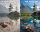 Comparativa de paisaje: sin polarizador, el agua se ve opaca; con filtro CPL, el agua es cristalina y los colores vibrantes.