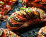 Un délicieux tian de légumes, aux fines tranches d'aubergine, courgette et tomate, garni d'herbes fraîches.