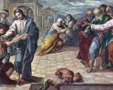 Jezus dotyka twarzy trędowatego, dokonując uzdrowienia. Wokół zgromadził się tłum ludzi, niektórzy z niedowierzaniem, inni z nadzieją.