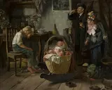 Chłopiec zasnął przy stole, podczas gdy rodzice szykują się do wyjścia. W koszyku płacze dziecko. Obraz przypomina przedwojenne kołysanki.