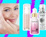 Kobieta aplikuje podkład, obok trzy produkty: najlepsza baza pod makijaż nawilżająca, baza z efektem "glass skin" i baza z kwasem hialuronowym.