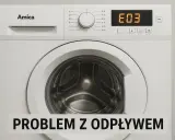 Pralka Amica z wyświetlonym błędem E03, wskazującym na problem z odpływem.