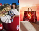 Zendaya poses with a Louis Vuitton cherry-themed bag, while another Louis Vuitton bag with the same motif glows against a sunset.