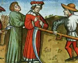 Mittelalterliche Berufe: Bauern bei der Ernte mit Sicheln und einem Mann, der mit einem Werkzeug den Boden bearbeitet.