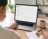 Kobieta wypełnia wniosek CEIDG-1 na laptopie, przygotowując się do prowadzenia działalności gospodarczej.