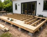 Pågår arbete med att bygga trall. Träbjälkar ligger på betongplintar framför ett vitt hus med stora glasdörrar. Verktyg och brädor ligger utspridda.