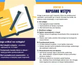 Ilustracja pokazuje otwartą książkę z ołówkiem, symbolizującą pisanie. Tekst omawia pisanie wstępu do rozprawki, kluczowego elementu do przedstawienia argumentów za i przeciw.