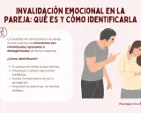 Ilustración de pareja discutiendo, con un hombre señalando acusadoramente a una mujer que se protege. Describe ejemplos de invalidación emocional en la pareja.