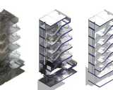 Tres vistas isométricas de un edificio: escaneo 3D detallado, corte con puntos de escaneo y corte simplificado. Útil para planos as-built normativa.