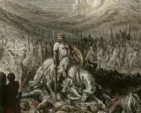 Ein Ritter auf einem weißen Pferd, umgeben von Pfeilen und gefallenen Kriegern. Seine Rüstung ist schlicht, was die spartanische Bedeutung von Einfachheit und Härte unterstreicht.