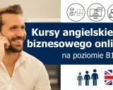 Uśmiechnięty mężczyzna rozmawia przez telefon. Obok napis "Kursy angielskiego biznesowego online" i ikony symbolizujące naukę.