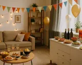 Décoration festive pour une pendaison de crémaillère : guirlandes, ballons, buffet garni. L'origine de cette tradition est de célébrer un nouveau foyer.