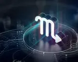 Symbol Skorpiona, który może wskazywać, jaki mam ascendent, na tle kosmicznej mapy.