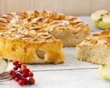 Un gâteau compote de pomme sans sucre, saupoudré de sucre glace, avec des quartiers de pomme et des baies rouges sur une table en bois.