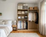 Chambre épurée avec lit douillet et dressing organisé. La **taille chambre** est optimisée par des rangements astucieux.