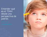 Un niño mira hacia arriba pensativo, con un lápiz cerca de su frente. El texto indica "Entender qué es el TDAH desde una perspectiva de padres", sugiriendo cómo diagnosticar TDAH.