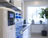 Écran d'un adoucisseur d'eau moderne, prêt pour le dimensionnement. Bouteilles d'eau en arrière-plan.