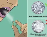 Test per verificare se i diamanti veri si appannano. Un soffio d'aria su un anello con diamante.