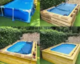 Proceso de forrar piscina desmontable con madera. Se muestra la piscina inicial, la estructura de palets, y el acabado final con madera.