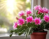 Un cactus de Noël en pleine floraison rose vif, baigné de soleil. Un bel exemple de cactus de Noël entretien réussi.