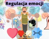 Ilustracja pokazuje, jak emocje wpływają na życie człowieka, od radości do smutku. Centralna postać medytuje, otoczona symbolami emocji i procesów umysłowych.
