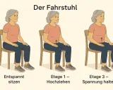Frau übt Beckenbodentraining im Sitzen: entspannt, hochziehen, Spannung halten.