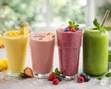 Cuatro batidos de frutas coloridos: amarillo, rosa, morado y verde, decorados con frutas frescas y menta.