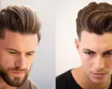 Dwóch mężczyzn z modną fryzurą quiff. Włosy zaczesane do góry i na bok, z wyraźnym przedziałkiem.
