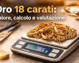 Gioielli d'oro su una bilancia digitale, che mostra come si misura l'oro. Valutazione di oro 18 carati.