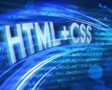 Napis HTML+CSS na tle kodu programistycznego w kolorach niebieskim i białym.