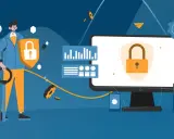 Un homme tient une clé géante, symbole de la sécurité. Un cadenas sur un écran d'ordinateur et un téléphone illustrent la signification SMS de protection des données.
