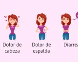 Ilustración de mujer con dolor menstrual, mostrando síntomas como dolor abdominal, de cabeza, de espalda, diarrea y náuseas.