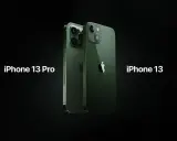 Dwa zielone iPhone'y 13 Pro i iPhone 13 na czarnym tle.