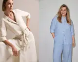 Zwei Frauen in Leinen-Outfits. Leinen vorteile: atmungsaktiv, kühlend. Nachteile: knittert leicht.