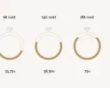 Grafico che illustra la purezza dell'oro per diversi carati: 9K (33,75%), 14K (58,50%), 18K (75%), 24K (99,99%).