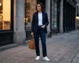 Kobieta w granatowej marynarce, białej koszulce i jeansach, z brązową torbą. Idealny przykład **smart casual dress code** na miejski spacer.