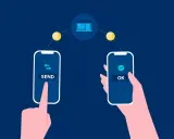 Manos intercambiando dinero digitalmente. Una pantalla muestra "SEND", la otra "OK". ¿Cuanto tarda una transferencia?
