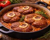 Cuatro rodajas de osobuco cocinándose en una cazuela con verduras y hierbas. El tuétano asoma en el centro de cada corte, revelando de donde sale el osobuco.