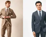 Two men in suits. The man on the left wears a brown tweed suit, demonstrating what is semiformal. The man on the right wears a dark grey suit.