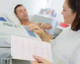 Pielęgniarka analizuje zapis EKG, który pokazuje, jakie są badania serca. Pacjent leży podłączony do aparatury.