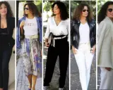 Donna con capelli ricci sfoggia diversi outfit eleganti, dimostrando il suo innato senso dello stile.
