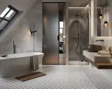 Moderne Badezimmer-Fliesen-Ideen: Freistehende Wanne, Dusche und Waschbecken mit Betonoptik.