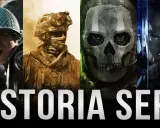Kolaż postaci z gier, w tym żołnierze i kultowa maska Ghosta, ilustruje historię serii, która oferuje wrażenia podobne do Call of Duty.