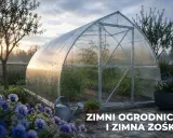 Szklarnia w ogrodzie o wschodzie słońca, z kwiatami i konewką. Czas na zimni ogrodnicy, kiedy pogoda bywa kapryśna.