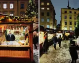 Julmarknad på Stortorget med snö på marken, julgranar och försäljningsstånd med korv och godsaker.