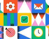 Icônes colorées : engrenage, enveloppe, cible, coche, horloge. Une illustration abstraite pour une application de tâches à faire.