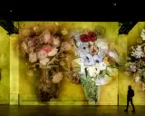 En person går förbi en väggprojektion av Van Goghs blomsterbuketter, en hyllning till hans tid i Paris.