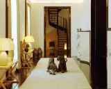Due sculture di pantere su un tappeto chiaro, in un corridoio elegante che ricorda la casa Giorgio Armani, con una scala a chiocciola sullo sfondo.