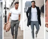 Four men showcase stylish gray pants outfits, from casual to smart-casual looks.