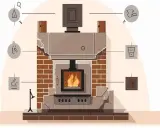 Ilustración de una chimenea con iconos que detallan la normativa chimeneas viviendas unifamiliares.